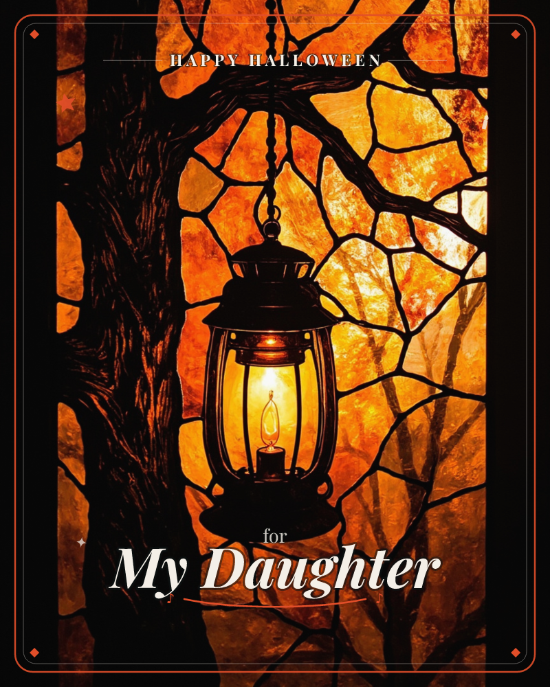 A dark iron lantern hangs from a gnarled tree branch, its flame glowing warm against a stained-glass-like backdrop of fiery orange and amber panes, a halloween e-card design