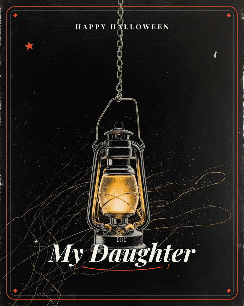 A vintage oil lantern hangs from a chain against a deep black background, its glass belly glowing warm amber, a halloween e-card design