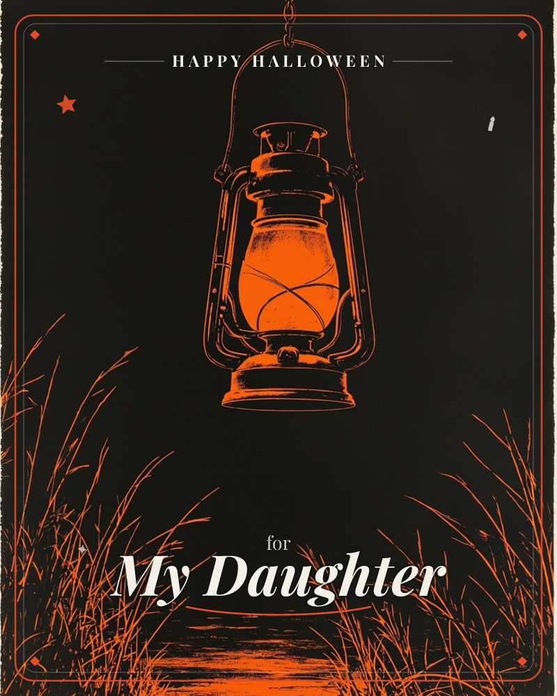 A single hurricane lantern hangs from a chain against a deep black night sky, its glow rendered in bold burnt orange, a halloween e-card design