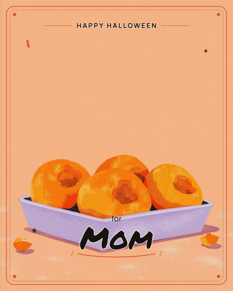 A lavender-purple punnet holds four ripe apricots, their split stone centres facing outward, set against a warm peach-coloured background, a halloween e-card design