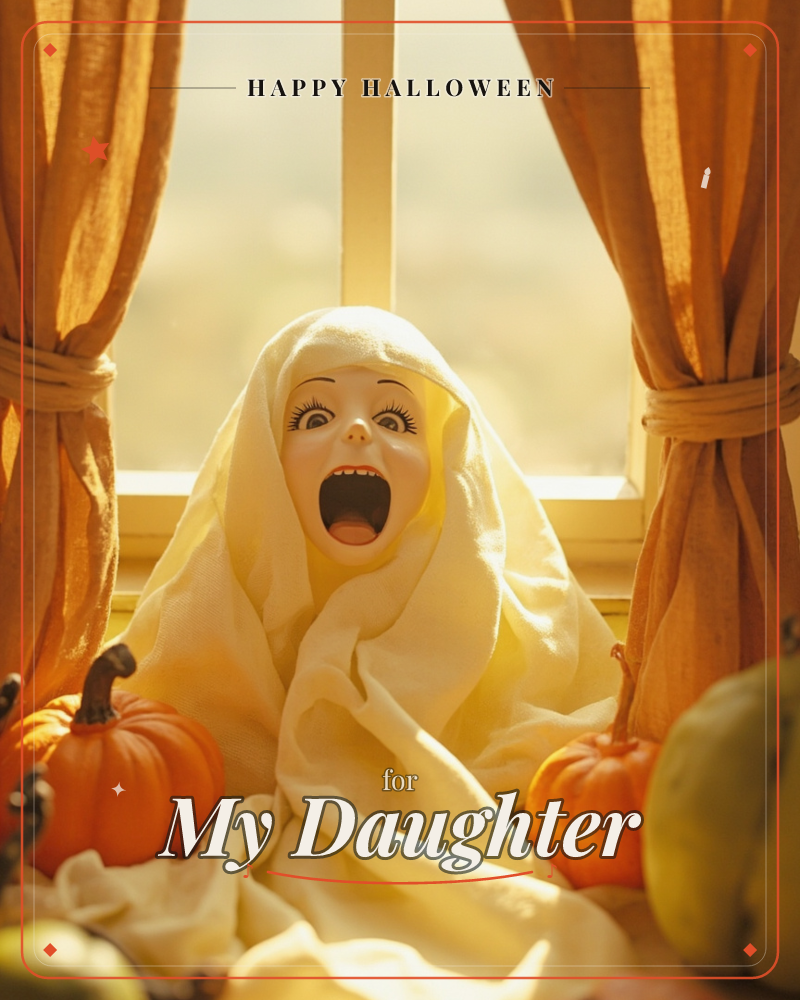A porcelain-faced doll with painted lashes and an open, startled mouth peeks out from beneath a draped white cloth on a sunlit windowsill, a halloween e-card design