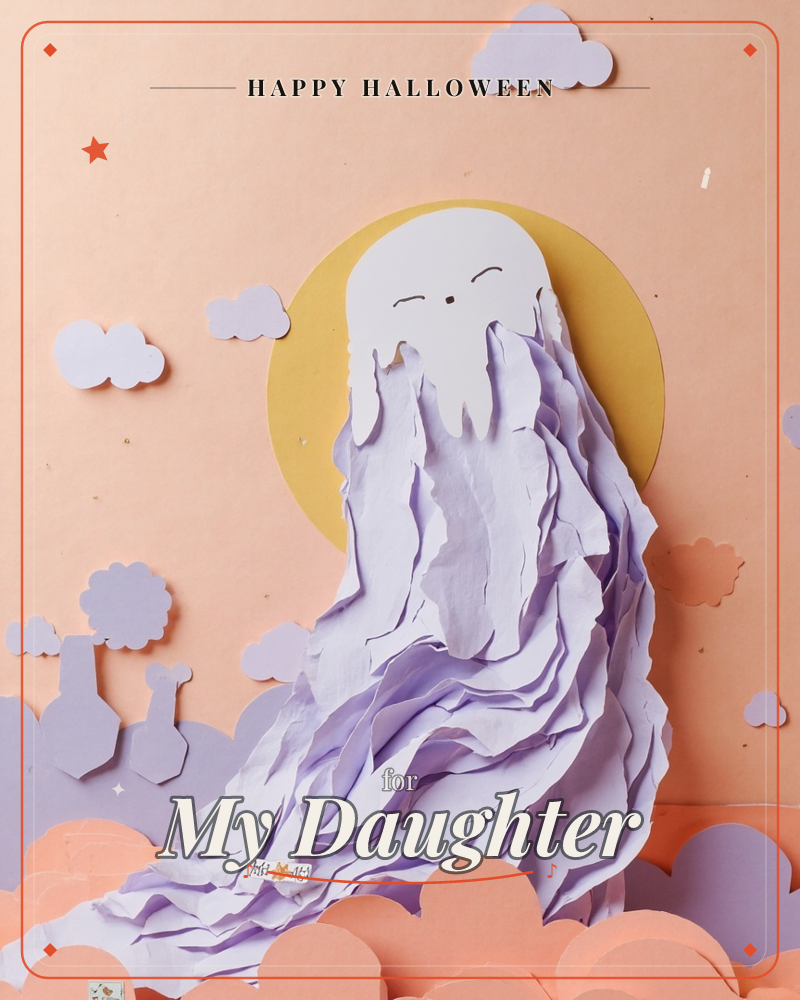 A paper-craft ghost with a sweetly closed-eyed face drapes down like a crumpled lilac waterfall against a peach sky, a golden sun-circle glowing behind…, a halloween e-card design