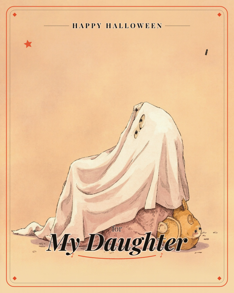 A child crouches under a white sheet with two eyes cut out, playing at being a ghost, one bare foot and a stuffed bear peeking out from beneath the fabric, a halloween e-card design
