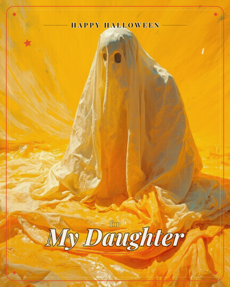 A ghostly draped figure kneels beneath a white sheet, its two eye-holes cut out and glowing softly, set against a blazing field of golden-yellow light…, a halloween e-card design