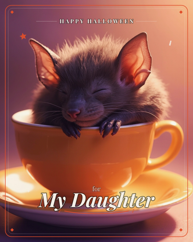 A small grey bat with big translucent ears is curled up asleep inside a bright yellow teacup, its tiny claws draped over the rim, a halloween e-card design