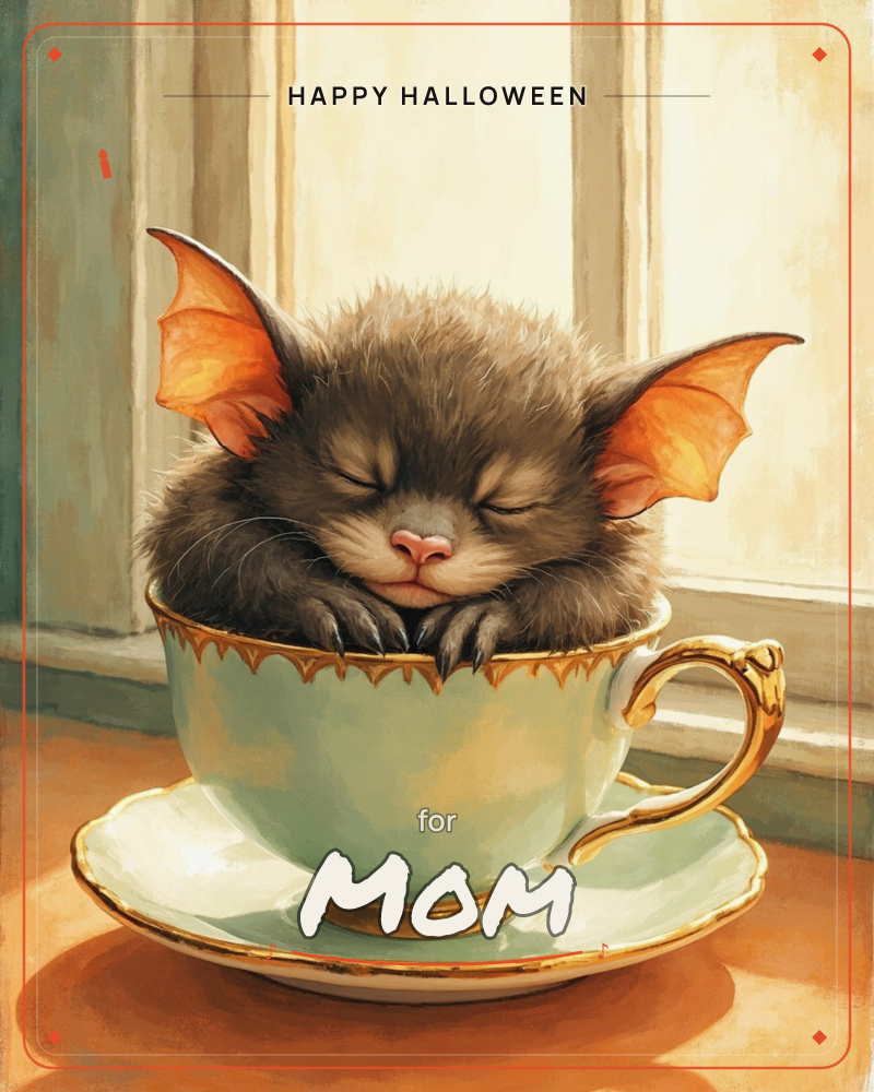 A small fuzzy bat naps curled inside a mint-green teacup trimmed with gold, its translucent orange ears glowing in the warm window light, a halloween e-card design