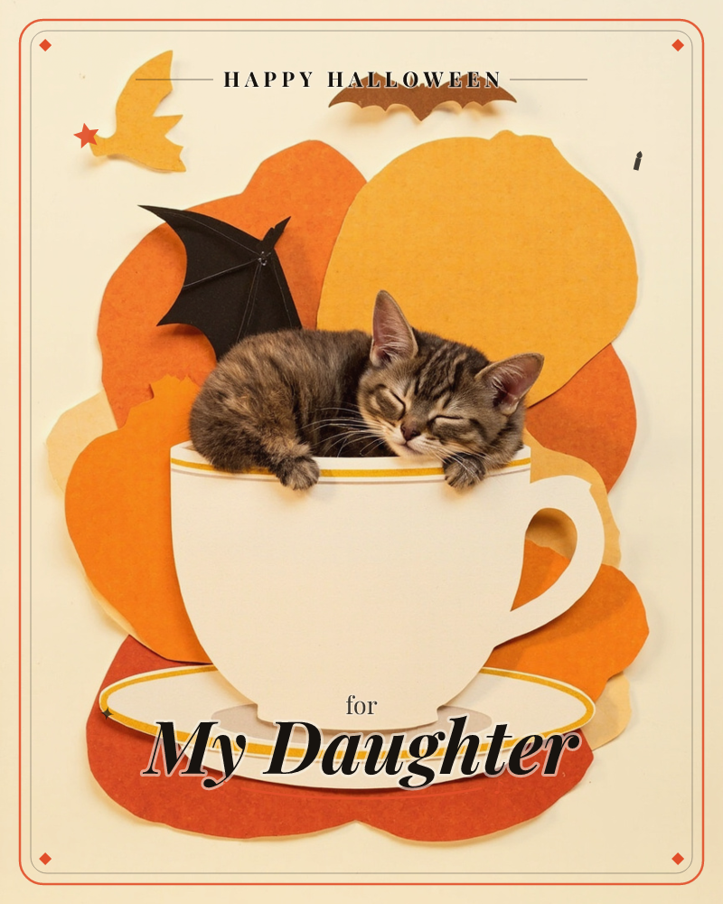 A sleepy tabby kitten curls up inside a paper-craft teacup, its paws draped over the rim and eyes shut in contentment, a halloween e-card design