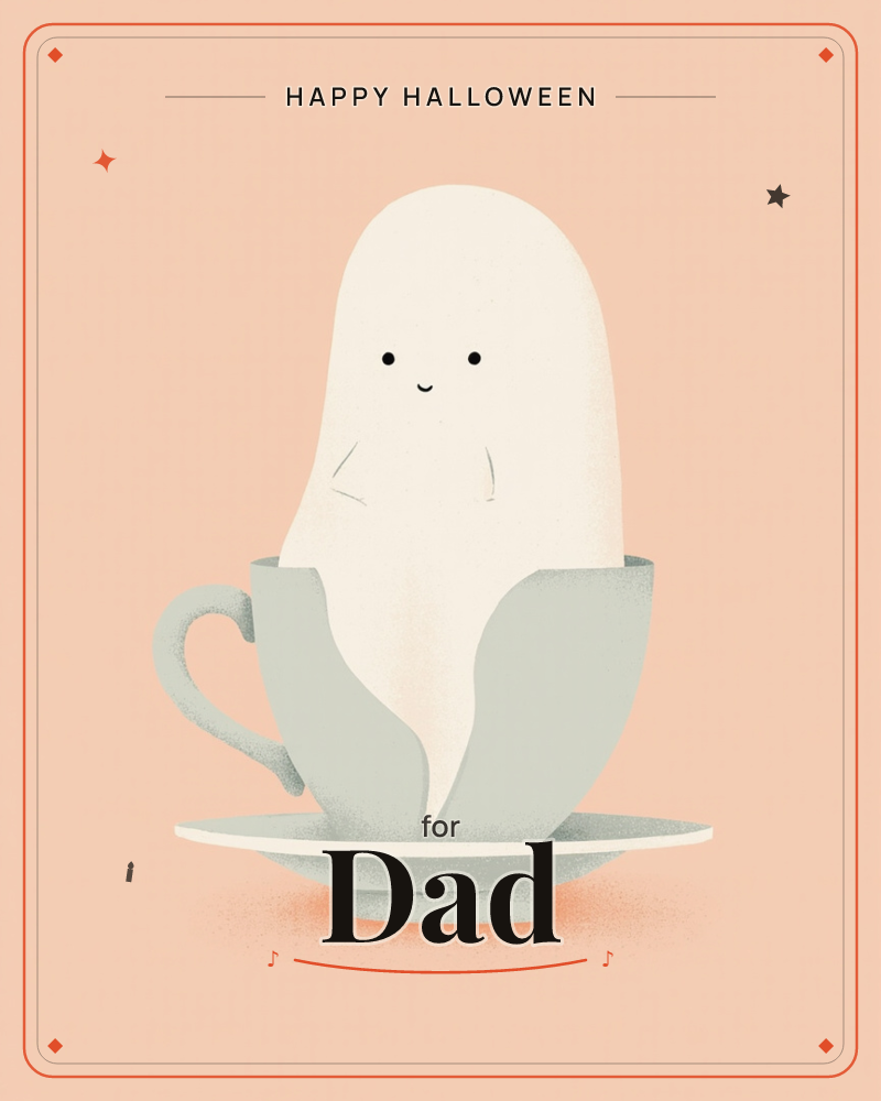 A small pale ghost with a shy smile peeks out from inside a sage-green teacup, its wispy body curling over the rim like steam, a halloween e-card design
