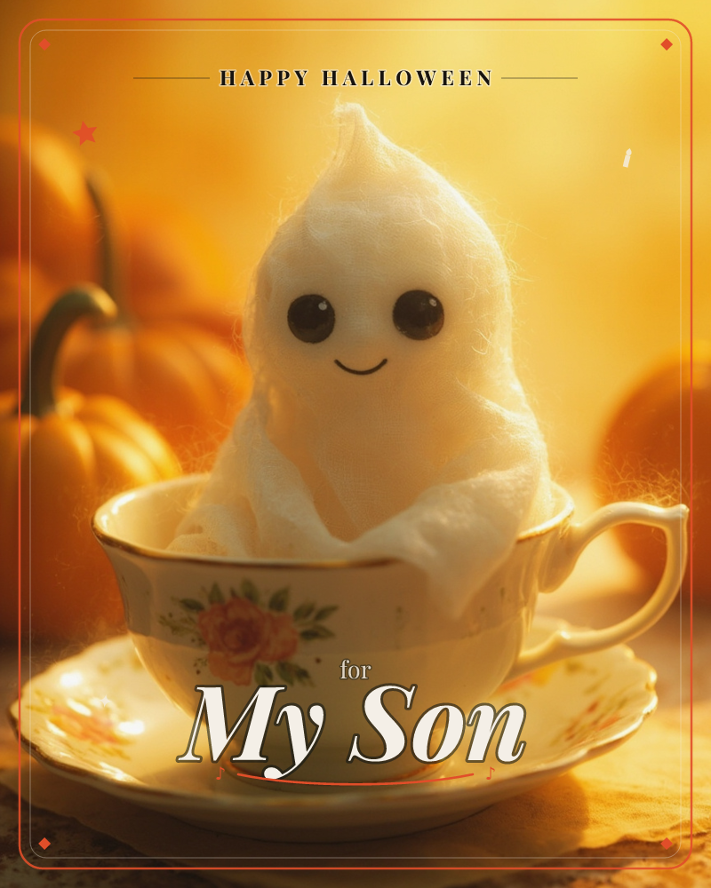 A tiny fabric ghost with a smiling face peeks out from inside a floral teacup, its soft folds glowing in warm amber light, a halloween e-card design