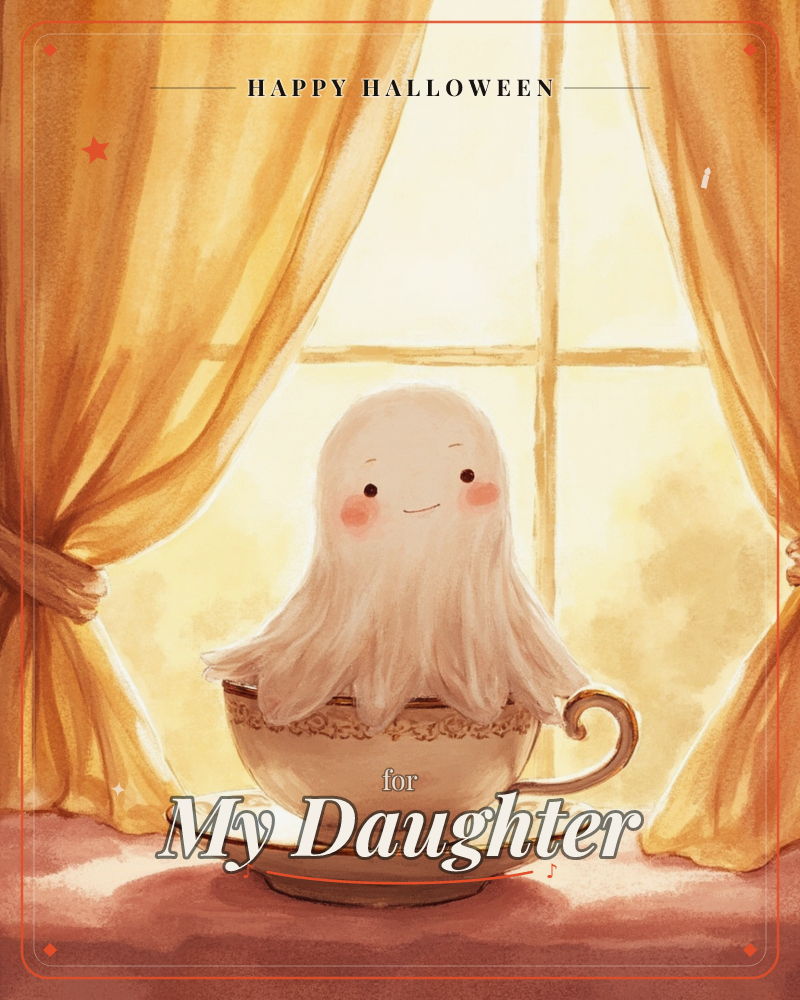 A small round-cheeked ghost with a happy blushing face sits nestled inside an ornate gold-rimmed teacup, perched on its matching saucer, a halloween e-card design