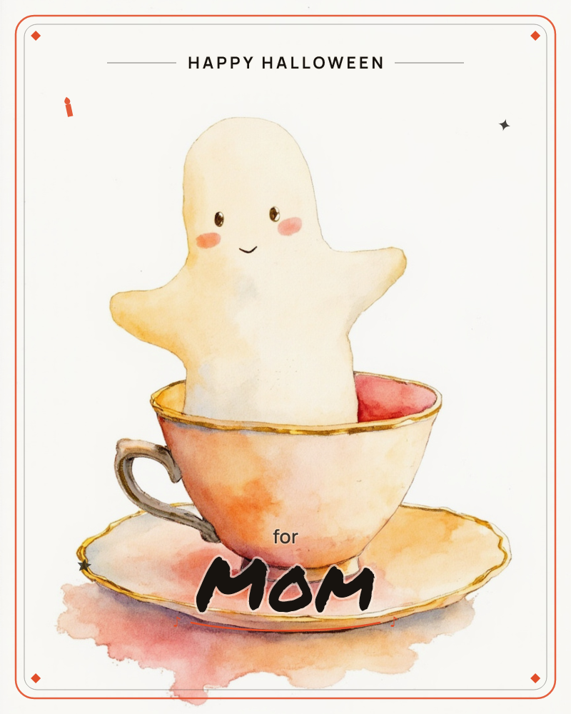 A small, rosy-cheeked ghost with a happy smile pops up out of a delicate teacup, as if it's been steeped right along with the tea, a halloween e-card design