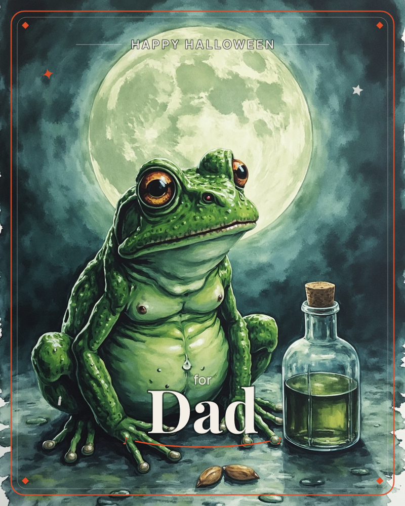 A large green frog sits hunched against a glowing full moon, its wide orange eyes staring straight out, a halloween e-card design