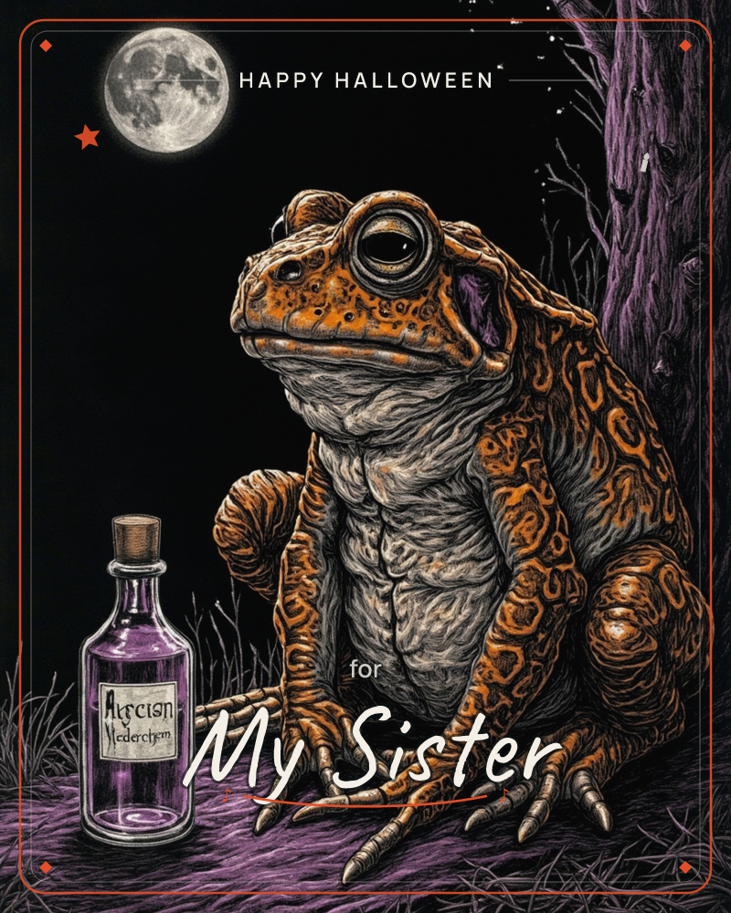 A large orange-marbled toad sits beneath a gnarled purple tree under a full moon, its bulging eye catching the moonlight, a halloween e-card design