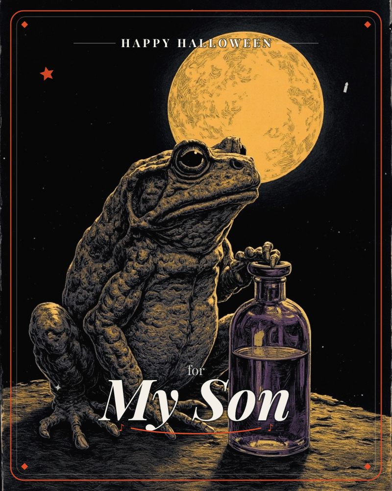 A large warty toad sits on a dark mound beneath a glowing full moon, one clawed hand resting atop a corked glass bottle filled with a mysterious liquid, a halloween e-card design