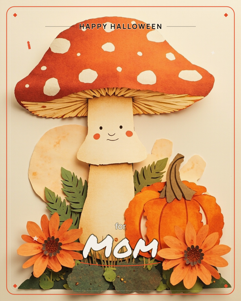 A cheerful red-and-white spotted toadstool with a rosy-cheeked smiling face stands tall over a cluster of paper flowers and a small pumpkin, all…, a halloween e-card design