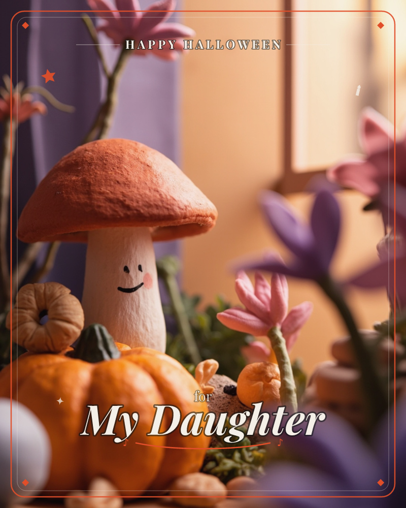 A smiling toy mushroom with a rosy-cheeked face stands among a small autumn display of orange pumpkins, mini gourds, and pink and purple paper flowers, a halloween e-card design