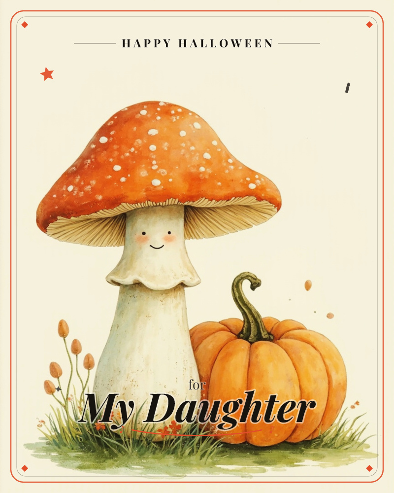 A cheerful toadstool with a rosy-cheeked smiling face stands tall in a patch of grass beside a round orange pumpkin with a curling green stem, a halloween e-card design