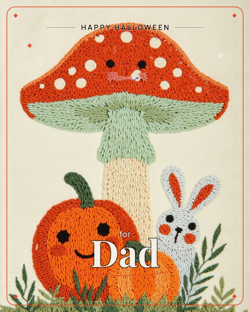 An embroidered illustration on cream fabric shows a giant red-and-white spotted toadstool with a shy sleepy face, standing over a smiling orange…, a halloween e-card design