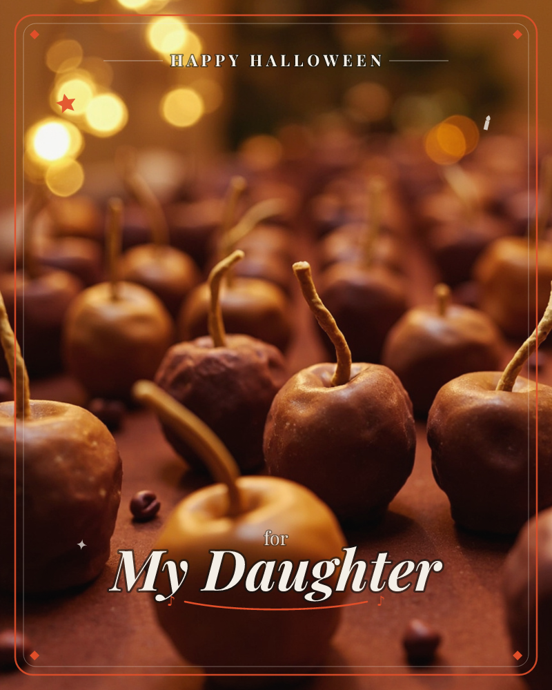 Rows of glossy toffee-dipped apples on wooden stalks crowd a dark tabletop, their caramel skins catching warm amber light, a halloween e-card design