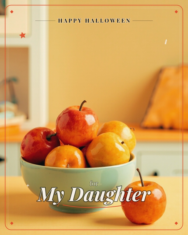 A pale blue-green bowl sits piled with glossy red and gold apples on a warm mustard-yellow counter, one apple set apart on the tabletop, a halloween e-card design