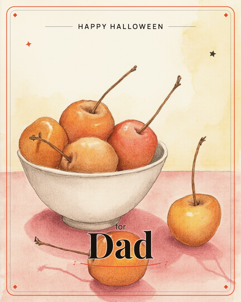 A white bowl piled with small crabapples in shades of orange, gold and red sits on a pink tabletop, their long curling stems poking upward, a halloween e-card design