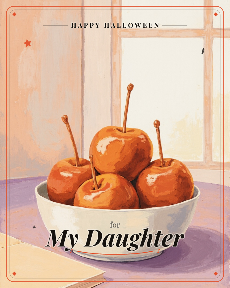 A white bowl of glossy orange apples with long curved stems sits on a lilac tabletop beside a windowsill, sunlight pouring in through the panes behind, a halloween e-card design