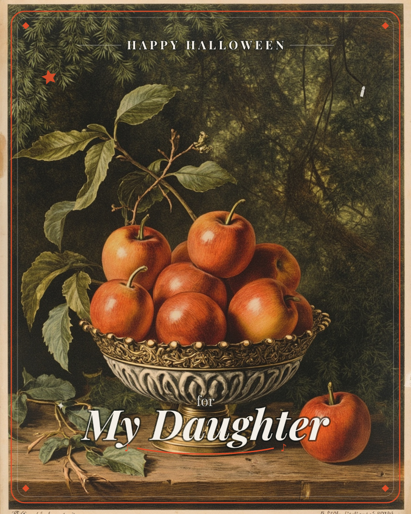 A pedestal bowl of ornate silver and gold sits heaped with glossy red apples, one more resting apart on the wooden ledge below, a halloween e-card design