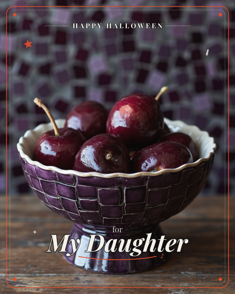 A deep purple ceramic pedestal bowl with a woven-textured glaze holds a cluster of glossy dark plums, their skins catching sharp highlights against a…, a halloween e-card design