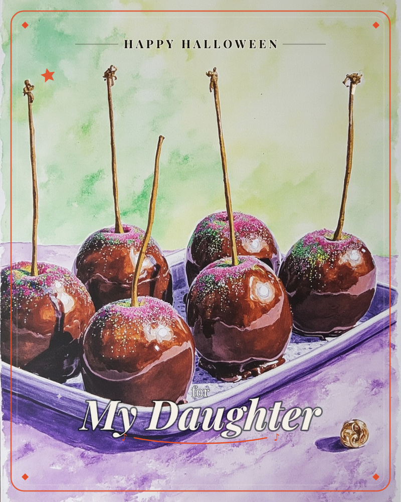 A watercolour still life shows six toffee apples on wooden sticks, their glossy chocolate-brown shells scattered with pink and green sprinkles…, a halloween e-card design