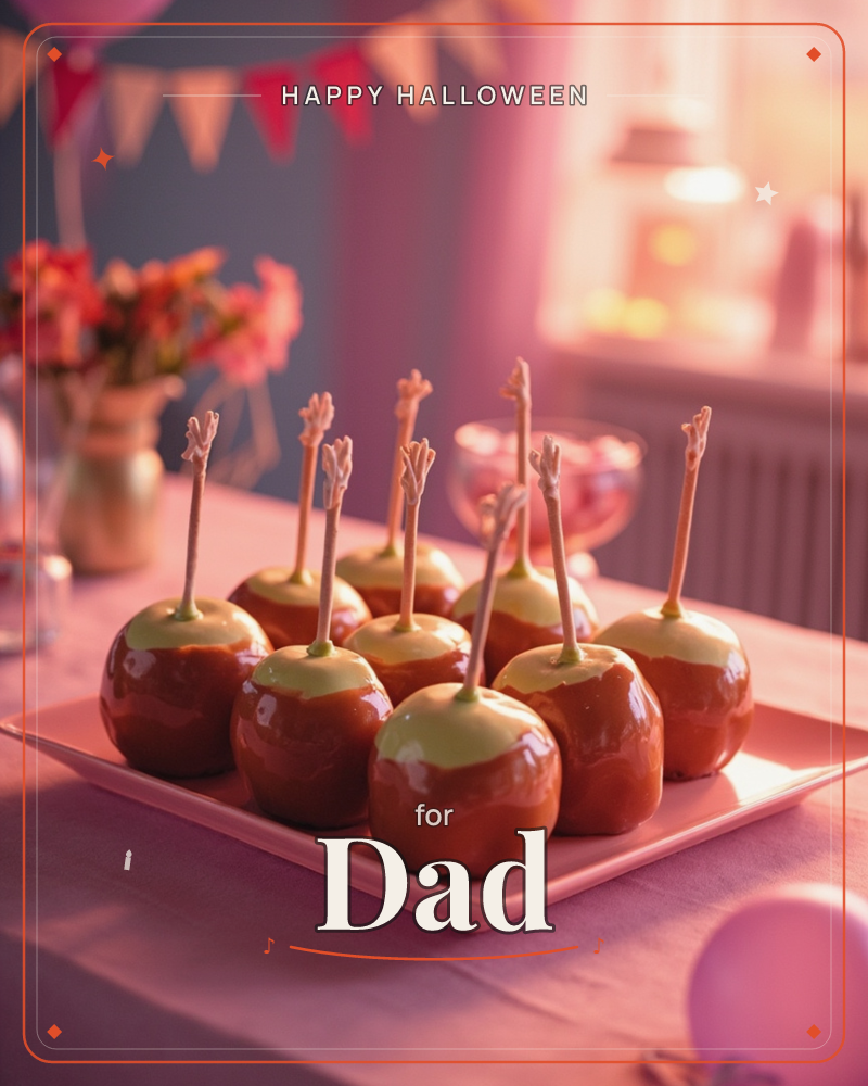A pink rectangular platter holds a cluster of glossy caramel-dipped apples, each with a pale green stem end and a little stick topper, set on a pink…, a halloween e-card design