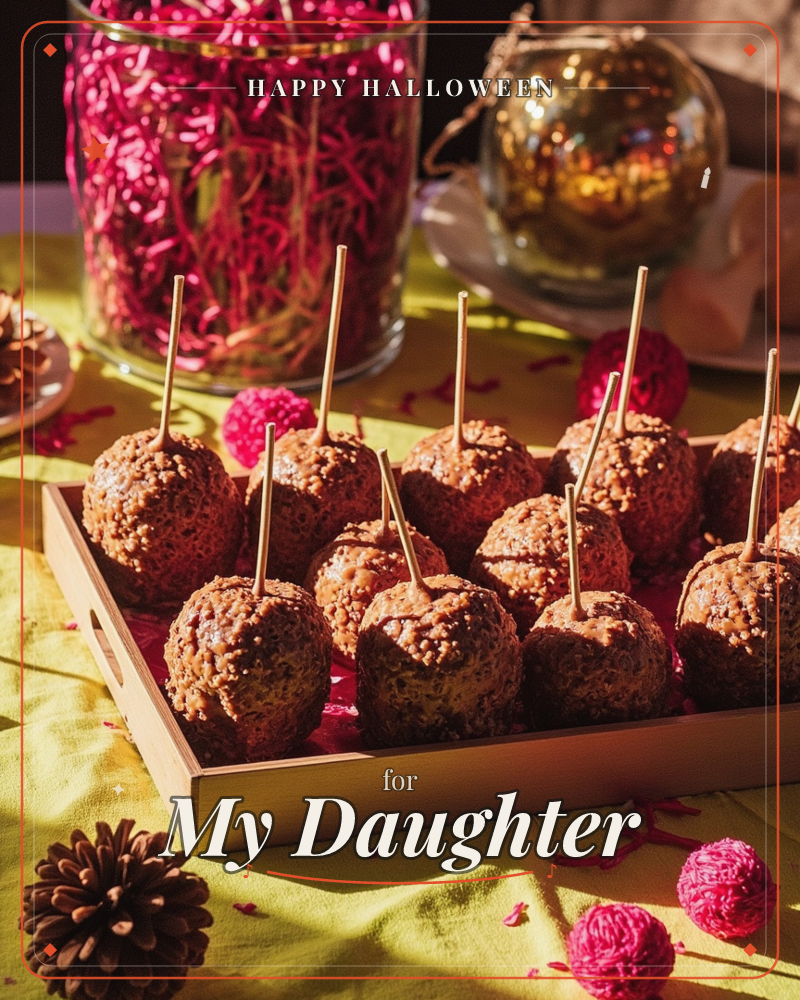 A wooden tray holds rows of chocolate-dipped, nut-crusted treats on little sticks, set on a mustard-yellow cloth scattered with pinecones and fuzzy…, a halloween e-card design