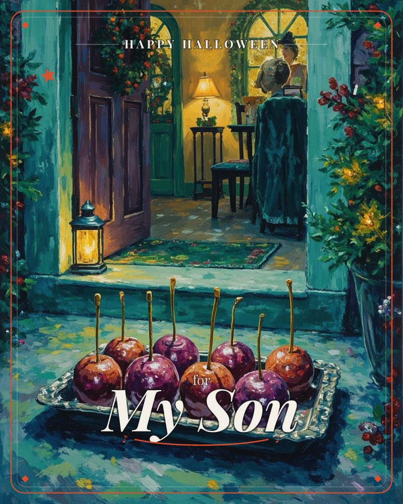 A tray of glossy candied apples sits on a doorstep in the foreground, glowing under warm lamplight spilling from an open front door, a halloween e-card design