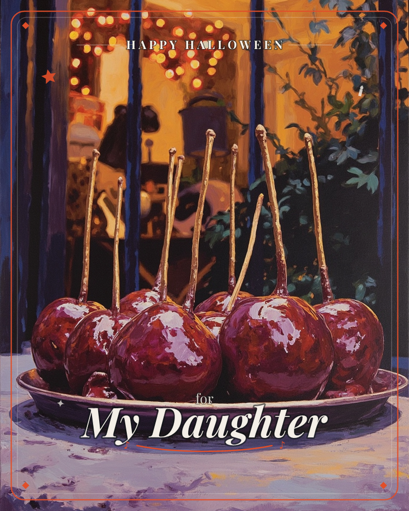 A tray of glossy toffee apples sits on a windowsill at dusk, their sticks pointing skyward and candy shells catching the last light, a halloween e-card design