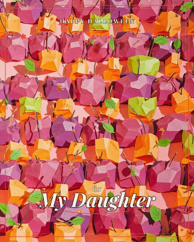 Rows and rows of faceted paper apples, each folded from crinkled craft paper into a low-poly gem shape, fill the frame in magenta, plum, orange and…, a halloween e-card design