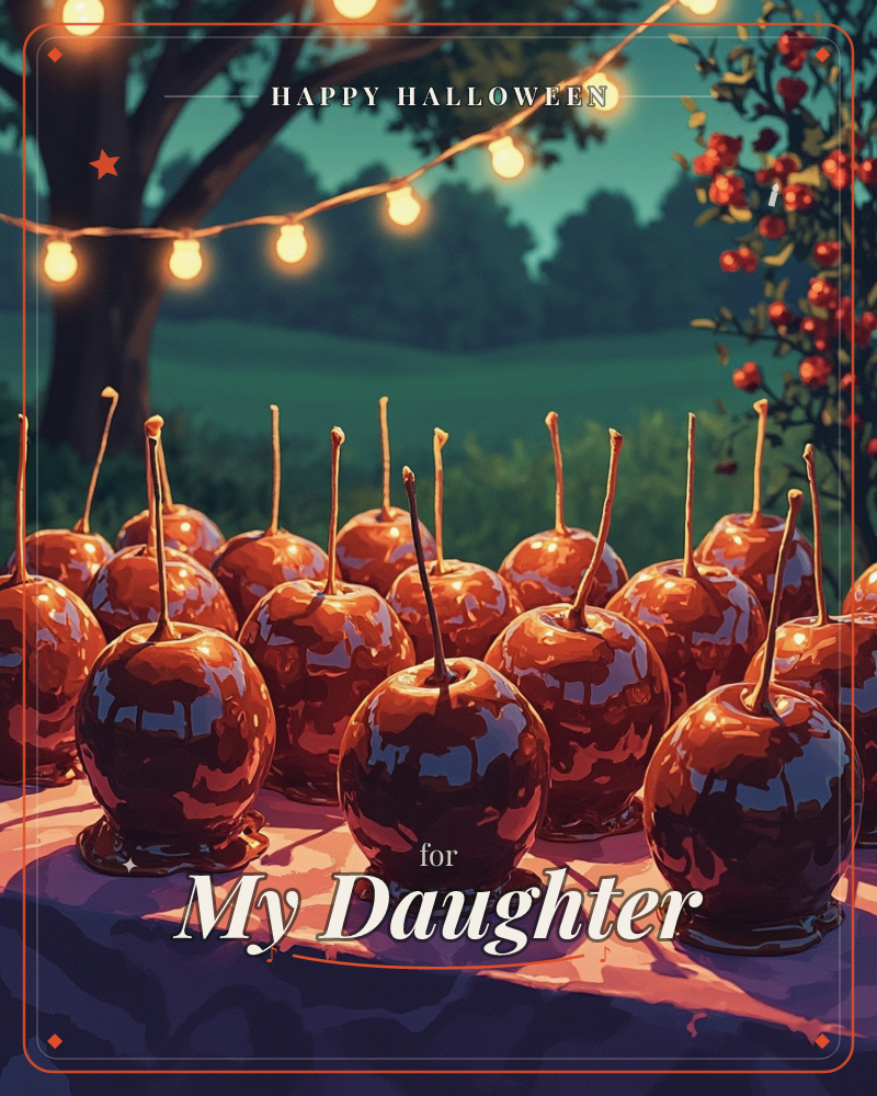 A cloth-covered table is crowded with glossy caramel-dipped apples, their sticks pointing skyward, set out under a string of warm bulbs strung between…, a halloween e-card design