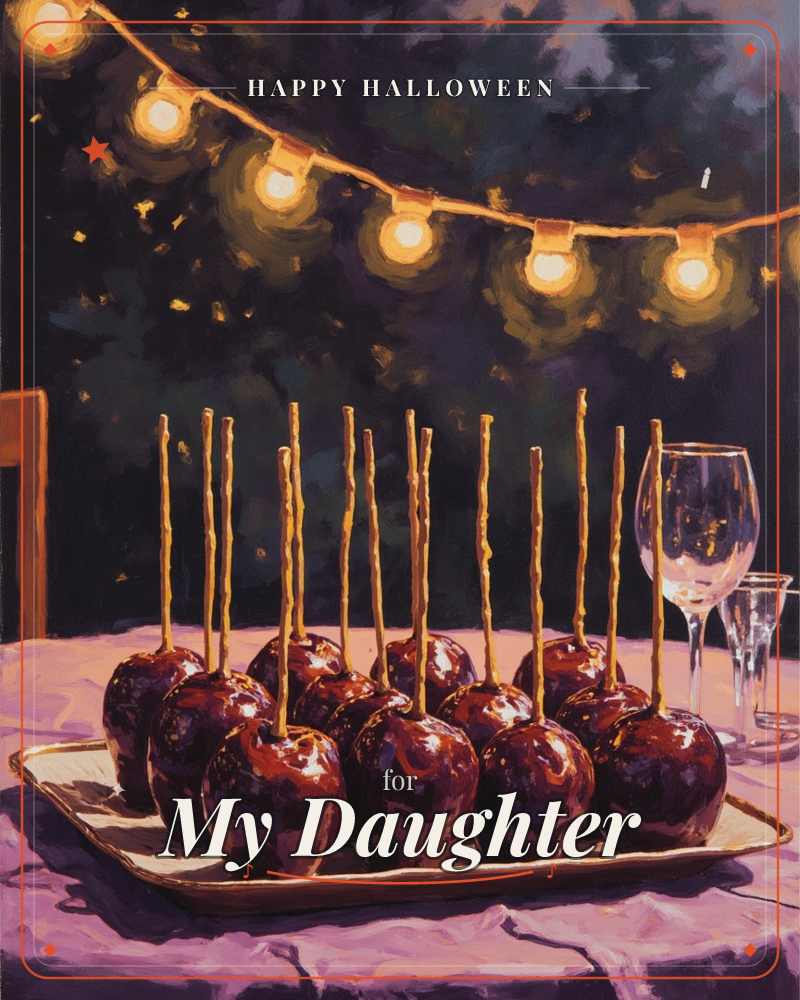 A tray of glossy toffee apples sits on a lilac-draped table beneath a string of glowing bulb lights, their sticks standing upright like a little forest…, a halloween e-card design
