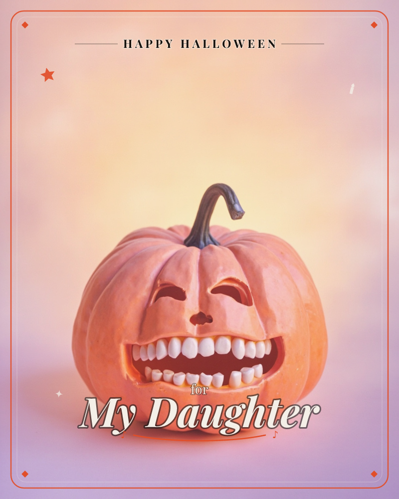 A carved pumpkin grins with an unexpectedly full set of human-like teeth, its curled dark stem arching above a soft orange body, a halloween e-card design