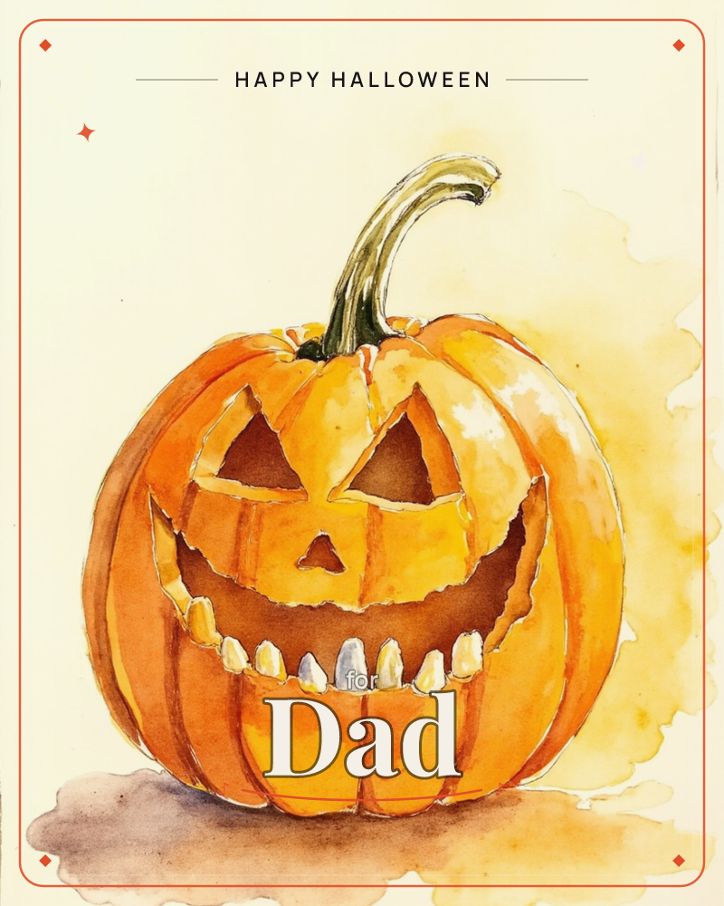 A grinning jack-o'-lantern painted in loose watercolour sits front and centre, its curling green stem arching upward and its carved teeth glowing pale…, a halloween e-card design
