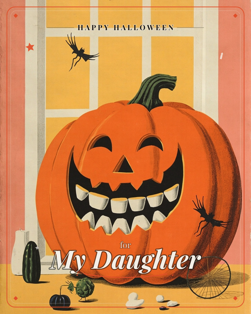 A grinning jack-o'-lantern with a jagged toothy smile sits before a glowing yellow-paned window, its green stem curling upward, a halloween e-card design