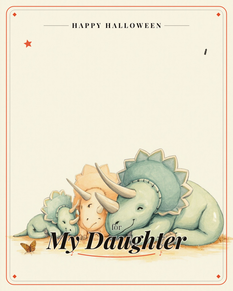 Three triceratops dinosaurs, graduating from largest to smallest, snuggle together asleep on sandy ground against a plain cream background, while a…, a halloween e-card design