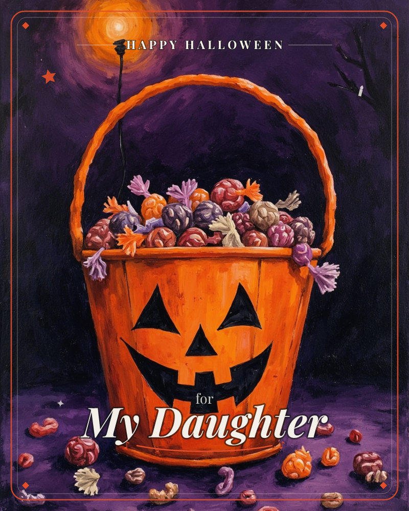 An orange jack-o'-lantern candy bucket sits piled high with wrapped sweets, its carved grinning face glowing against a deep purple night, a halloween e-card design