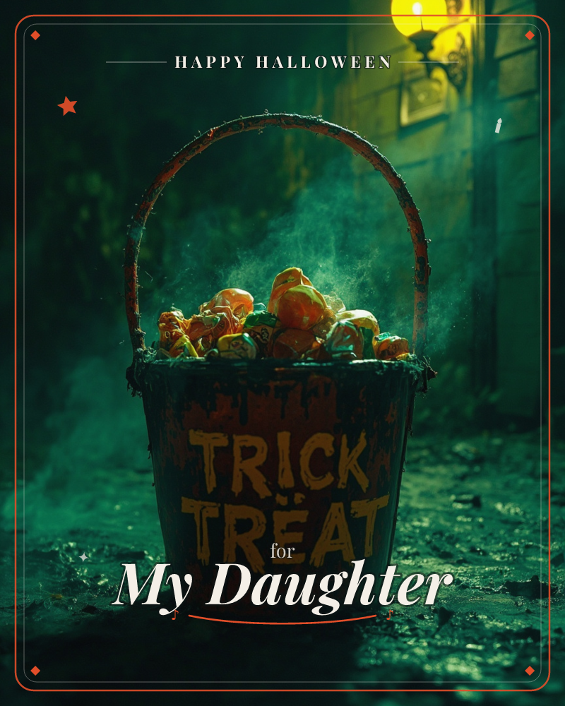 A weathered metal bucket painted with 'TRICK TREAT' sits brimming with wrapped candy, faint smoke curling from its rim in an eerie green-lit alley, a halloween e-card design