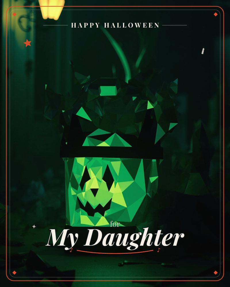 A low-poly jack-o'-lantern glows an eerie green from within, its faceted surface catching light like cut glass in a darkened porch scene, a halloween e-card design