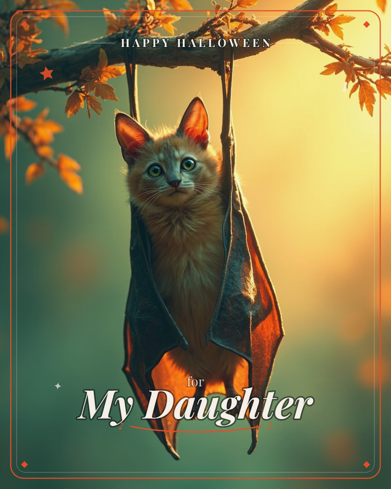 A fluffy orange kitten with a bat's leathery wings hangs upside down from an autumn branch, its tail tied loosely to the wood by two dark cords, a halloween e-card design