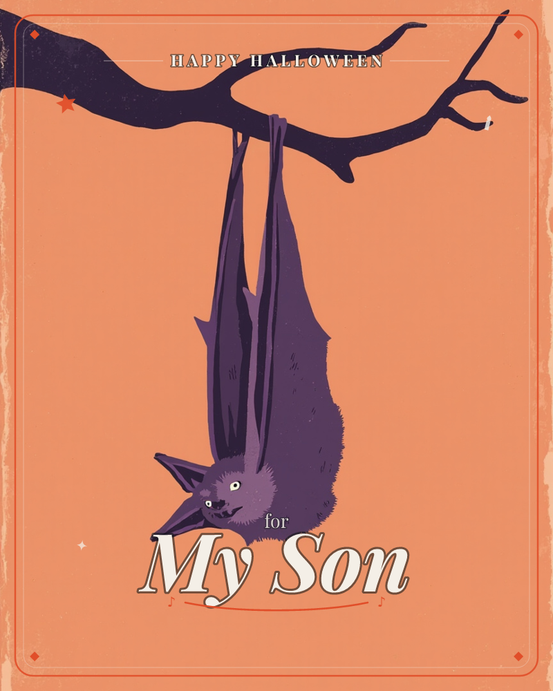 A purple bat hangs upside down from a bare black branch, wings folded around itself and a toothy grin on its face, set against a flat pumpkin-orange…, a halloween e-card design