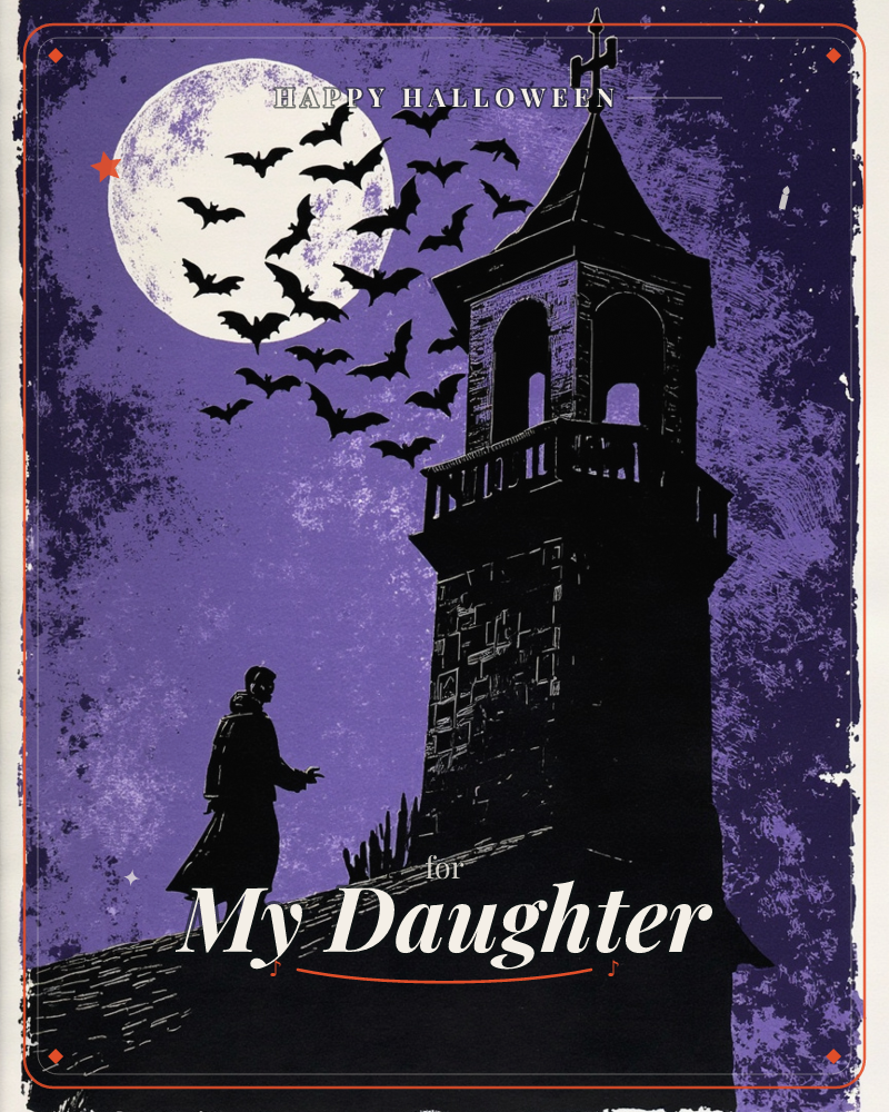 A silhouetted figure in a long cloak stands on a rooftop ledge beside a tall stone bell tower, reaching toward a swarm of bats streaming across a huge…, a halloween e-card design