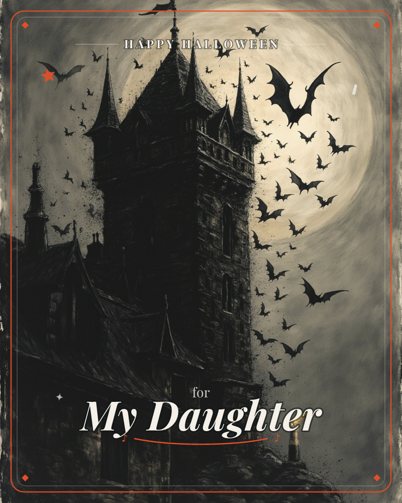 A gothic tower and huddle of steep rooftops stand black against a huge full moon, its glow the only light besides a single flame burning in a lantern…, a halloween e-card design