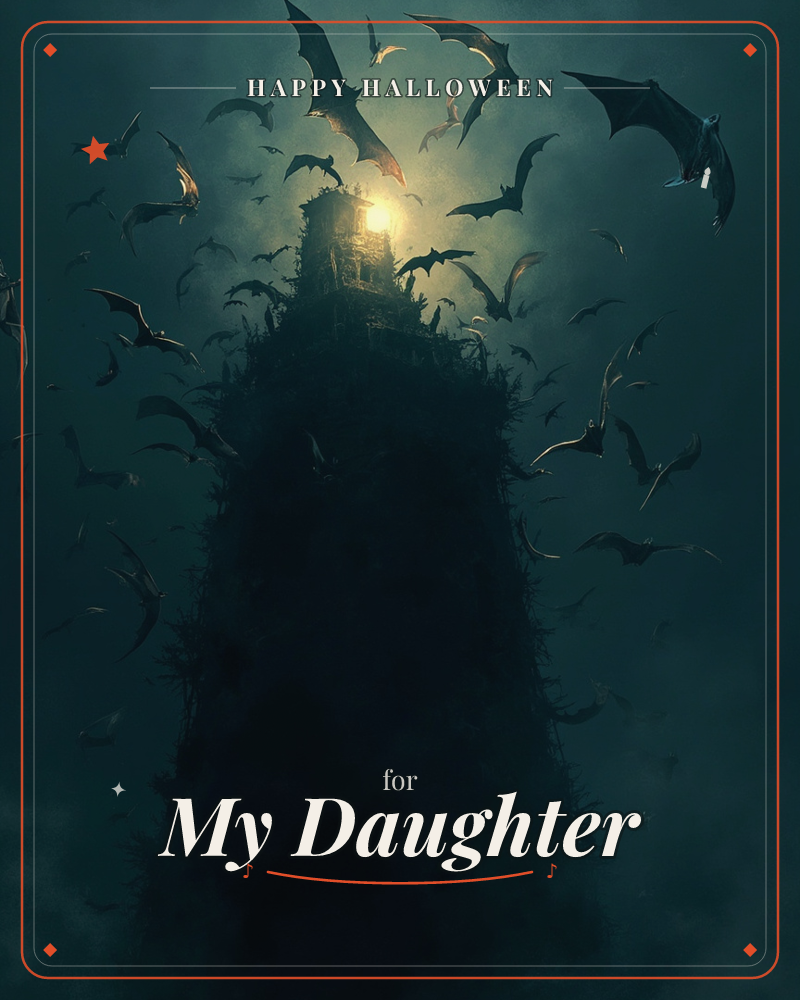 A dark, ivy-choked tower rises into a misty night sky as a swarm of bats scatters from its glowing peak, a halloween e-card design