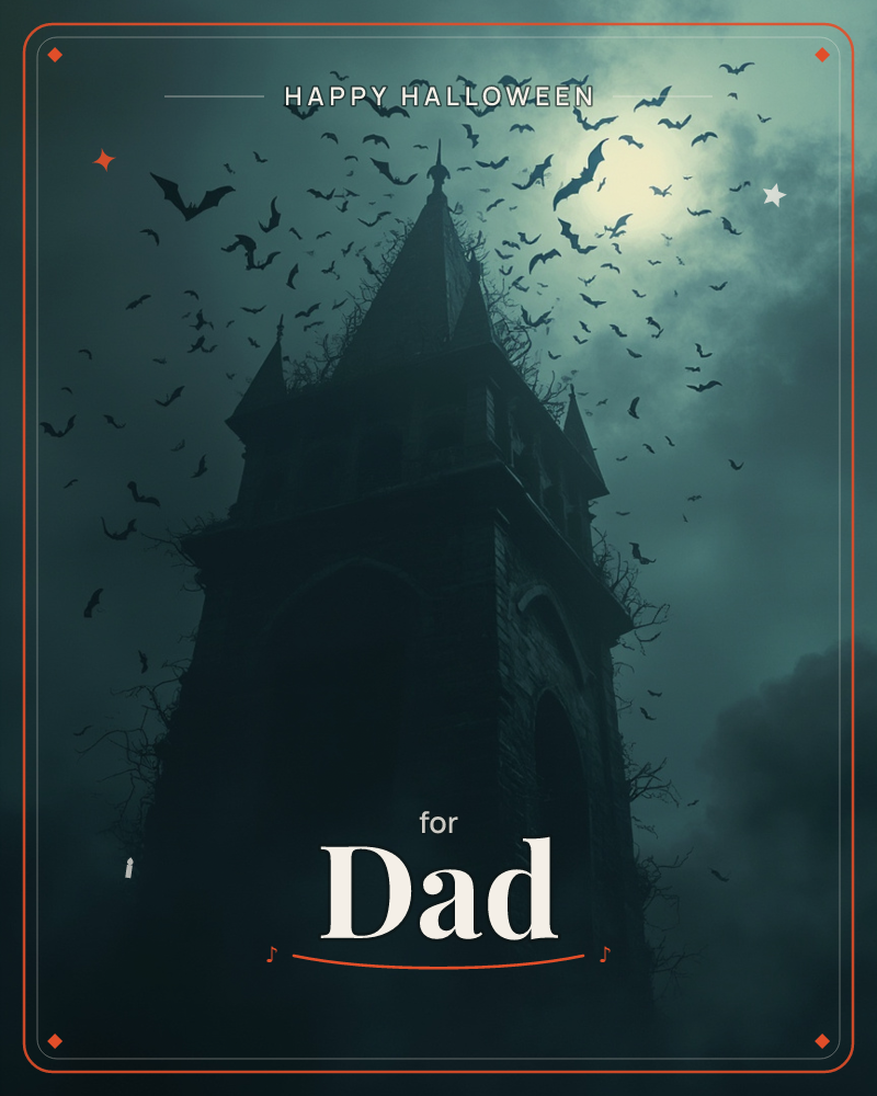 A silhouetted gothic tower with a spired roof rises into a misty night sky, its stone arches tangled in bare, creeping vines, a halloween e-card design
