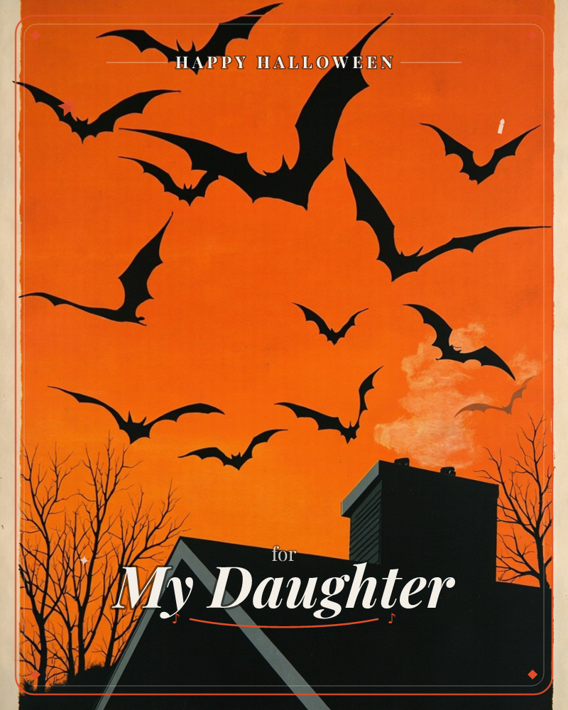 A blazing orange sky glows behind a black silhouette of a peaked rooftop with a smoking chimney, flanked by bare, twisted tree branches, a halloween e-card design